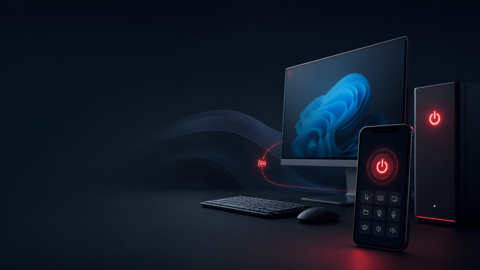 A Windows PC connected securely to a mobile phone with a red power control